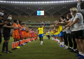 The Women's national teams of India and Brazil bid farewell to Brazil legend Formiga. (Photo courtesy: AIFF Media)