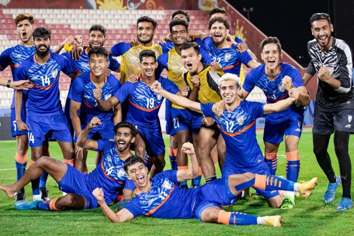India U-23 national team members celebrate after the penalty shoot-out win in the AFC U-23 Asian Cup Qualifiers. (Photo courtesy: AIFF Media)