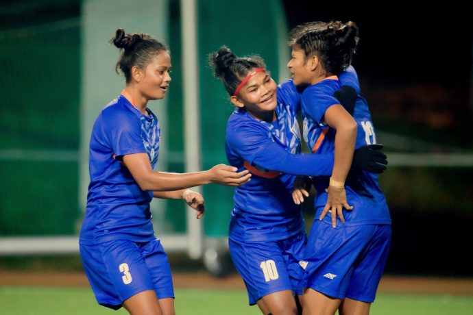 Indian Women's national team players celebrate a goal. (Photo courtesy: AIFF Media)