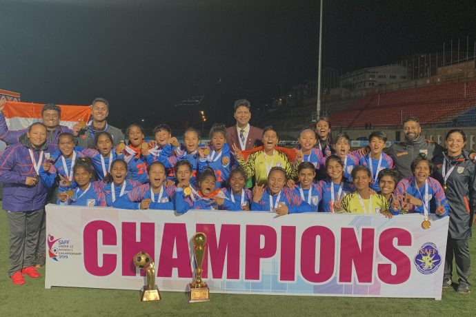 The India U-15 Women's national team after their victorious SAFF U-15 Women's Championship 2019 campaign. (Photo courtesy: AIFF Media)