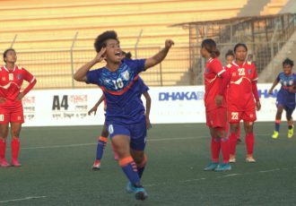 India U-19 women's national team player Priyangka Devi celebrate her goal against Nepal in the SAFF U-19 Women's Championship. (Photo courtesy: AIFF Media)