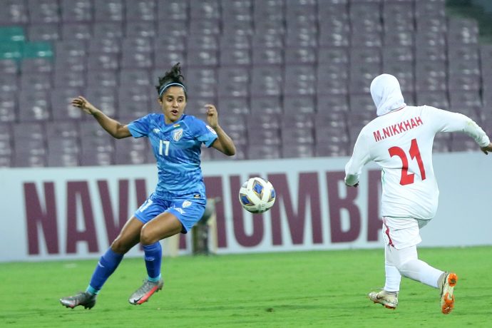 Indian women's national team star Dalima Chhibber in action against IR Iran in the AFC Women's Asian Cup India 2022. (Photo courtesy: AIFF Media)