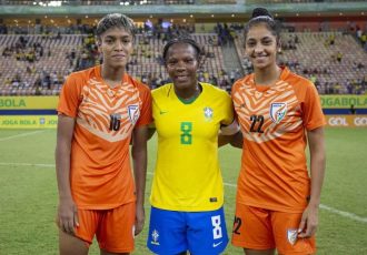 Indian women's national team player Manisha Kalyan and Ritu Rani with Brazilian legend Formiga. (Photo courtesy: AIFF Media)