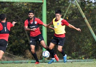 Bengaluru FC's Parag Shrivas and Sunil Chhetri battle for possession in training. (Photo courtesy: Bengaluru FC)