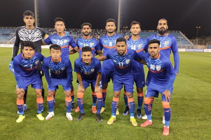 The Indian national team moments before their friendly match against Belarus in Manama City on March 26, 2022. (Photo courtesy: AIFF Media)
