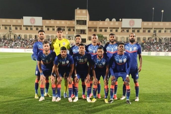 The Indian national team moments before their friendly match against Bahrain in Manama City on March 23, 2022. (Photo courtesy: AIFF Media)
