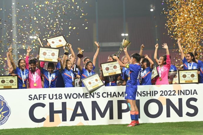 The India U-18 women's national team celebrate their SAFF U-18 Women's Championship 2022 title. (Photo courtesy: AIFF Media)