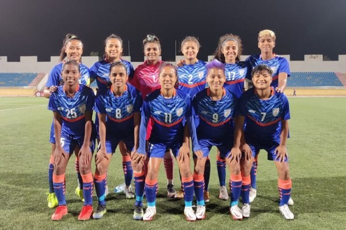 The Indian women's national team before their friendly match against Jordan at the Prince Mohammed Stadium in Zarqa, on Friday, April 8, 2022. (Photo courtesy: AIFF Media)