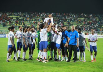 Kerala State Team players celebrate their Hero 75th NFC for Santosh Trophy 2021-22 semi-final win. (Photo courtesy: AIFF Media)