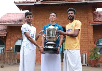 West Bengal captain Monotosh Chakladar, former Indian international Gouramangi Moirangthem Singh and Kerala captain Jijo Joseph present the Santosh Trophy winner's trophy. (Photo courtesy: AIF Media)