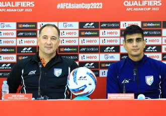 Indian national team head coach Igor Štimac and goalkeeper Gurpreet Singh Sandhu at the AFC Asian Cup 2023 pre-match press conference. (Photo courtesy: AIFF Media)