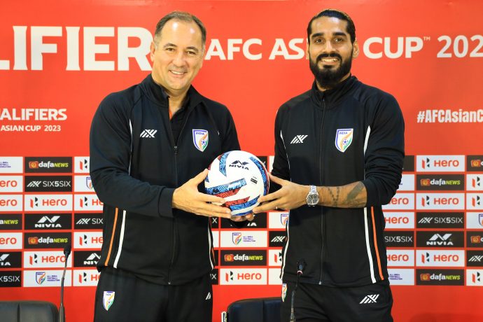 Indian national team head coach Igor Štimac and defender Sandesh Jhingan at the AFC Asian Cup 2023 pre-match press conference. (Photo courtesy: AIFF Media)