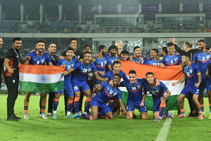 The Indian national team players and staff celebrate their qualification for AFC Asian Cup 2023. (Photo courtesy: AIFF Media)