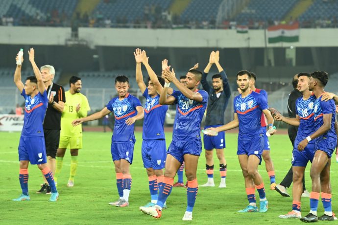 Indian national team players celebrate their win against Cambodia in the AFC Asian Cup Qualifiers 2023. (Photo courtesy: AIFF Media)