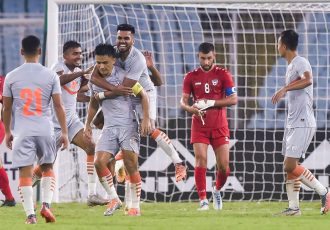 Indian national team skipper Sunil Chhetri and teammates celebrate the lead against Afghanistan in the AFC Asian Cup Qualifiers 2023. (Photo courtesy: AIFF Media)